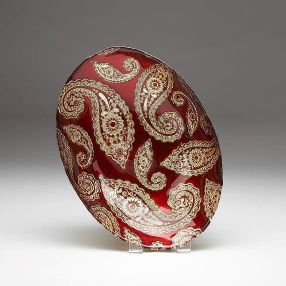 Large Red Pomegranate Paisley Oval Bowl Red Guilded Gold - 12 x 9" - Picture 2 of 7